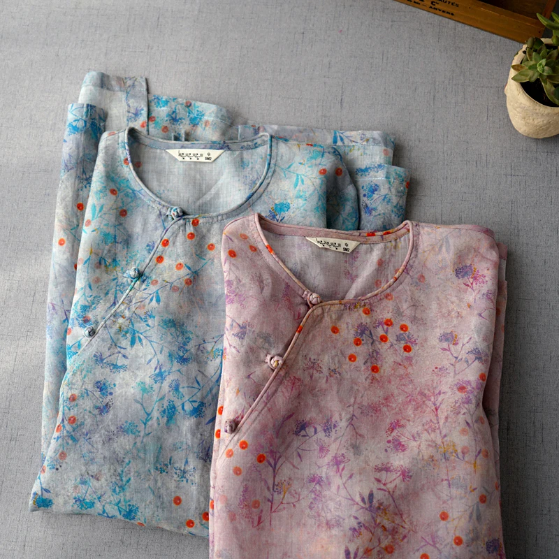 

Spring Summer Women Loose Vintage Chinese Style Slant Opening Print Comfortable Water Washed Thin Ramie Dresses