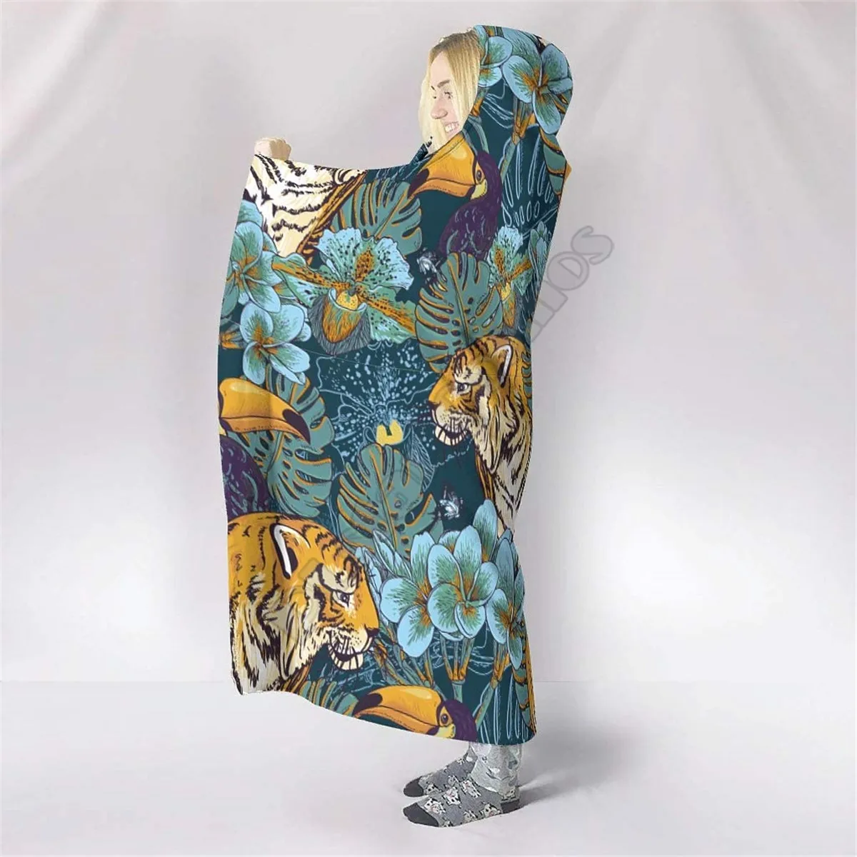 

Exotic Flowers Toucan and Tiger Breathable Hooded Blanket 3D Printed Wearable Blanket Adults kids Blanket blanket throw