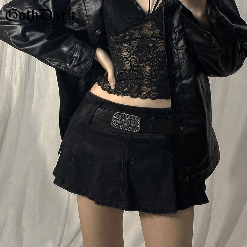 Фото Женская плиссированная мини-юбка Goth Dark Mall готическая Черная джинсовая в стиле