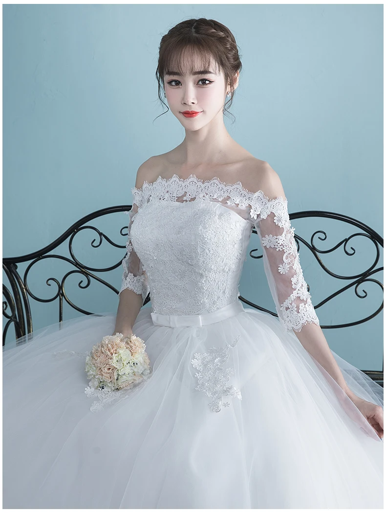 

LAMYA Vestidos Boat Neck Bride Married Dress Long Sleeve Simple Large Size Ball Gowns Tulle Wedding Dresses De Novia New Lace up