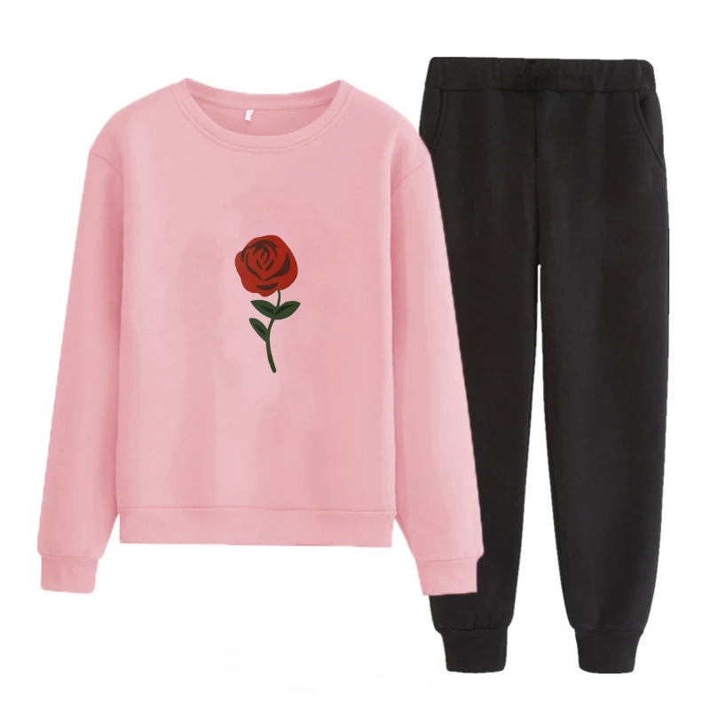 

Womens Rose Hoodies Sweatshirt Suit Set Wear Autumn Winter Outerwear Sports wear womens Female tracksuit set Clothing 2020