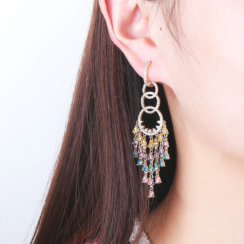 VERY GIRl New Brand 69mm Beautiful Bohemia Cubic Zircon Crystal Tassel Earrings Drop for Women Wedding Jewelry | Украшения и