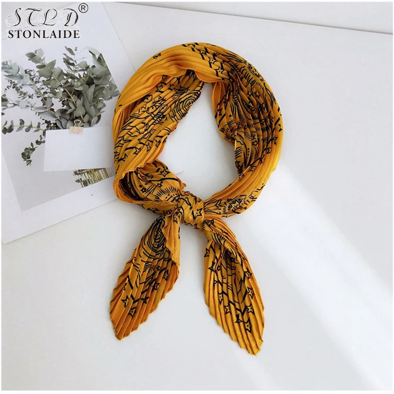 Женский плиссированный квадратный шелковый шарф модный платок с разноцветным