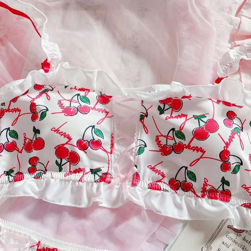 

Wriufred Cute sweet beauty cherry underwear set tube top bow lotus leaf fungus bra comfortable wire free lingerie panties set