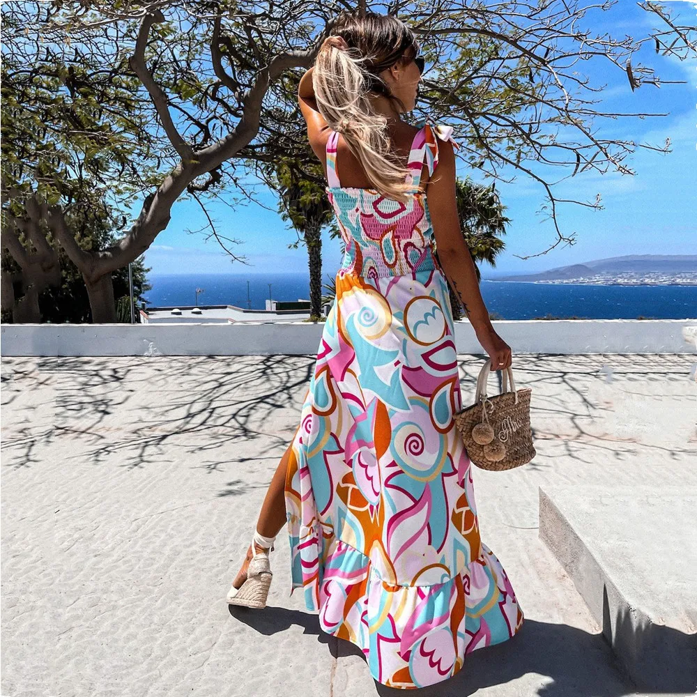 

Sexy Square Collar High Split Maxi Holiday Dress 2021 Summer Tube Top Strap Sling Rainbow Printing Dress Ruffle Stitching Robe