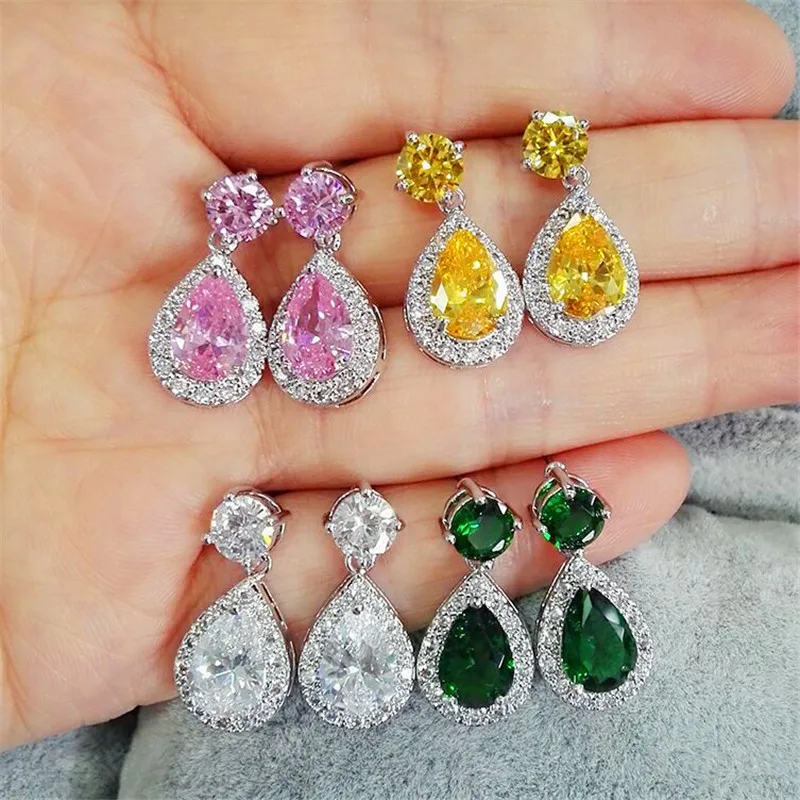 

Luxury Female Crystal Pink Green Blue Stone Earrings Silver Color Small Stud Earrings Vintage Wedding Earrings Jewelry
