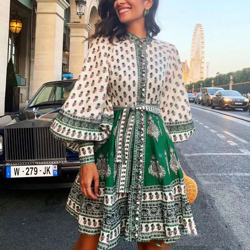 Зеленый Футболка с принтом платье Для женщин 2019 осень Однобортный Фонари рукава