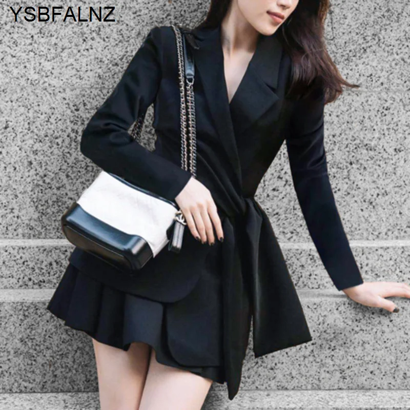 저렴한 2021 Womens Blazer Two Piece Set 풀 슬리브 V 칼라 레이싱 하이 엔드 기질 Office 레이디 디자인 의류 라운지 착용 + 스커트