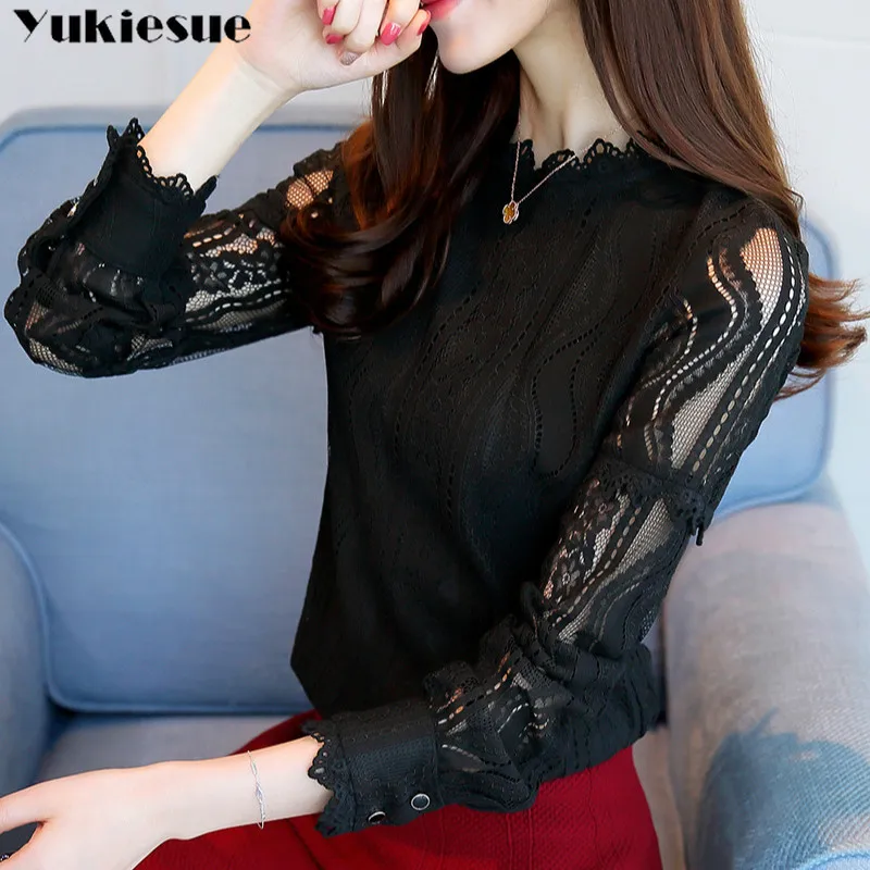 

2019 spring autumn Women Crochet Blouse Lace Chiffon Shirt White/Black Basic Shirt Ladies Stand Collar Ruffles Blusas Femininas
