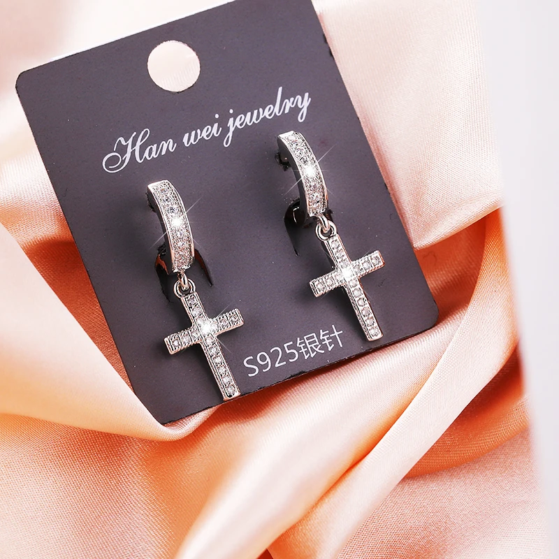 

JUWANG Vintage Luxury Silver Color Hoop Earrings For Women Cubic Zirconia Brincos Cruz Cross Dangle Earrings Jewelry Pendientes