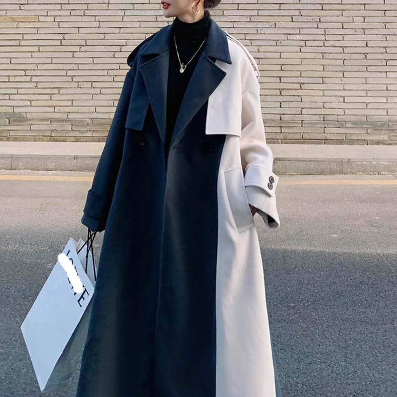 

Женская шерстяная куртка, новинка зимы 2021, длинное Свободное пальто в Корейском стиле с отворотом, толстое, Ретро стиль