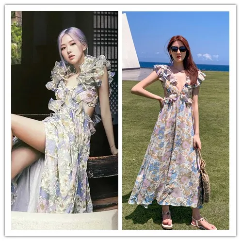

kpop TWICE EXO Seo Yea Ji summer new temperament elegant Beach holiday dress women party fashion sexy deep V-neck long dresses
