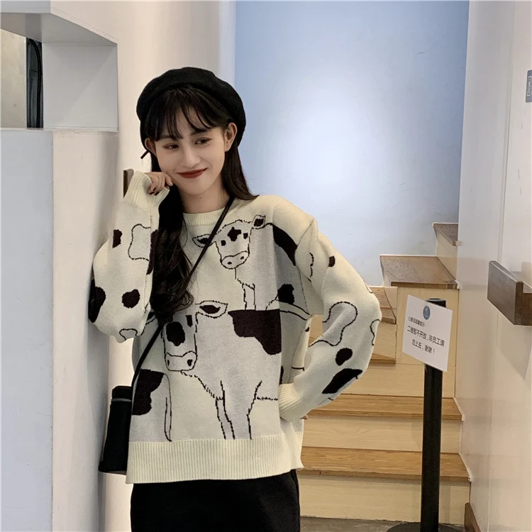 

Harajuku Women's Sweaters Vintage Casual Loose Lazy Cow Sweater Female Korean Japanese Kawaii Cute Ulzzang Clothing For Women