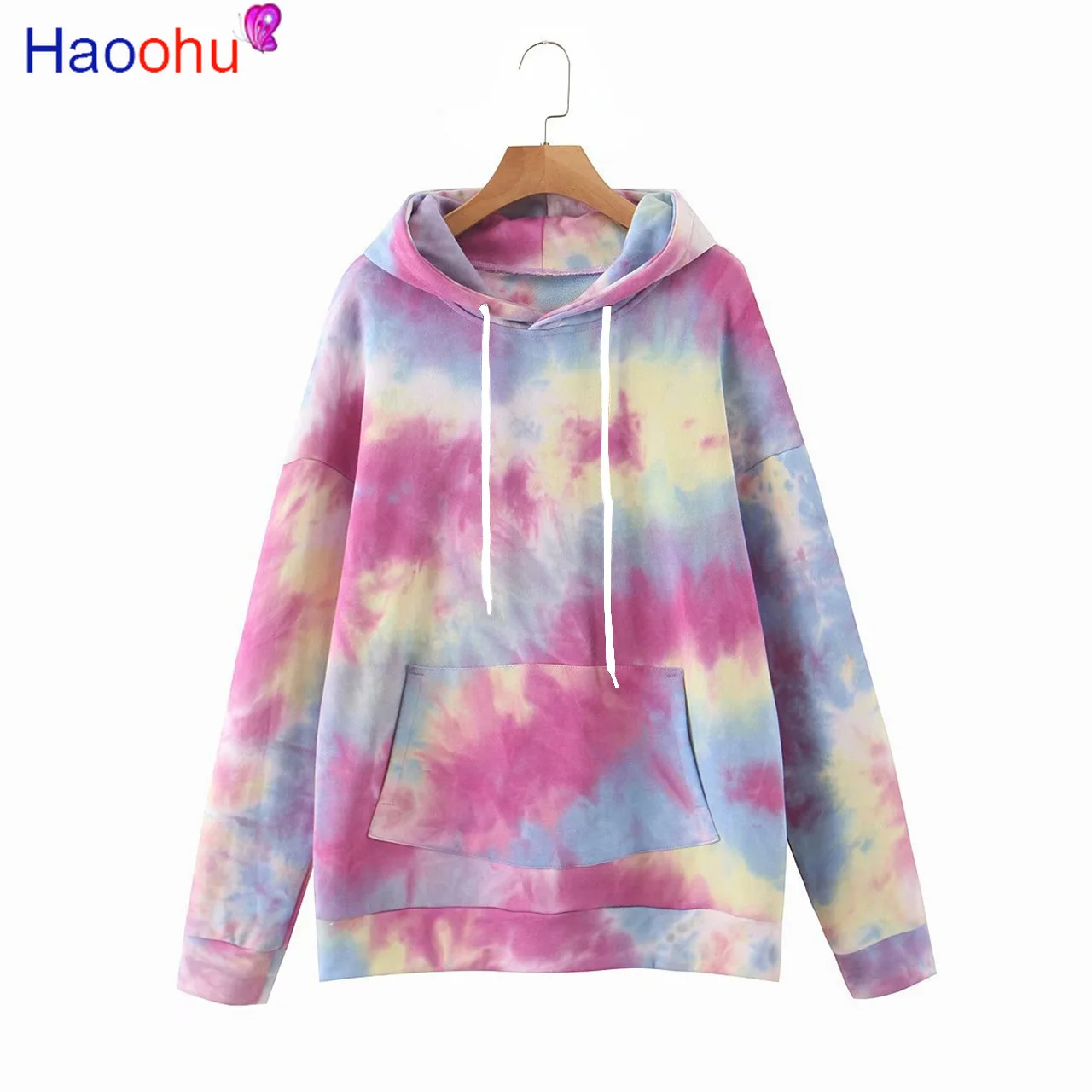 

HAOOHU Autumn Womens Tie Dye Print Hoodie Sweatshirt Female Long Sleeve Pockets Pullover Casual Drawstring Top