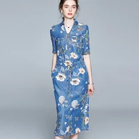 new denim dress women summer 2021 fashion casual all match v neck half sleeve printing long loose tencel dress