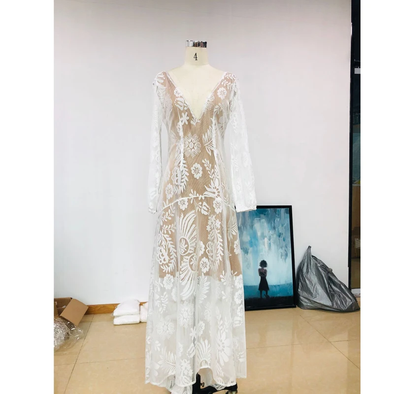 Женское Сетчатое платье с глубоким V-образным вырезом открытой спиной и вышивкой
