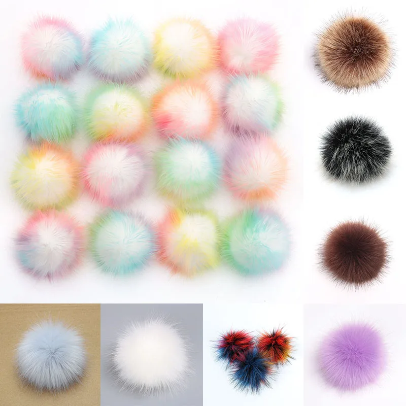 

10cm Solid Color Faux Fox Fur Ball Pom Women Children Winter Hat Cap Beanies Hairy ball rubber band style A variety of color