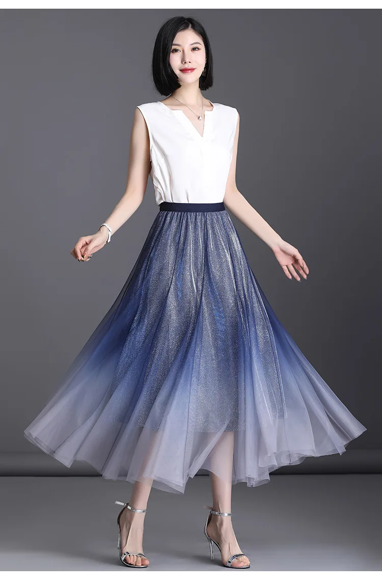 

Spring Summer Women Fashion Gradient Color Mesh Pleated Skirt High Waist Loose Big Swing Casual Korean Elegant Long Skirts 3095