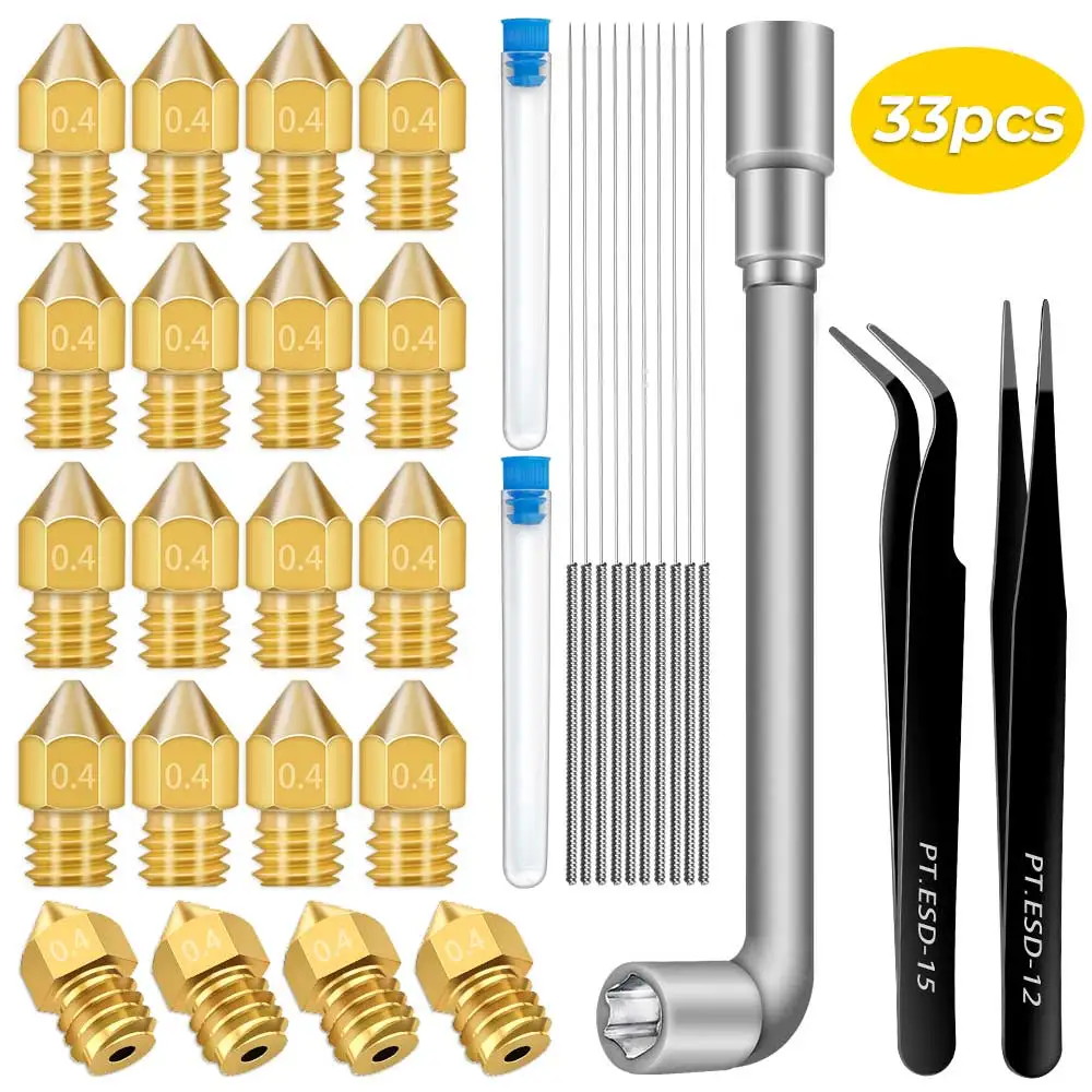 

20Pcs 0.4mm 3D Printer Nozzles with 10Pcs 0.4mm Cleaning Needles 2Pcs Tweezers and Wrench Brass Extruder Nozzles for MK8