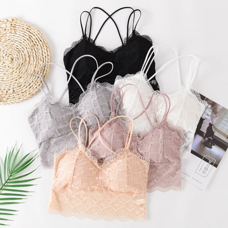 

Бюстгальтер женский кружевной без косточек, однотонный с красивой перекрестной спинкой, пикантное нижнее белье для дома и отдыха, укорочен...