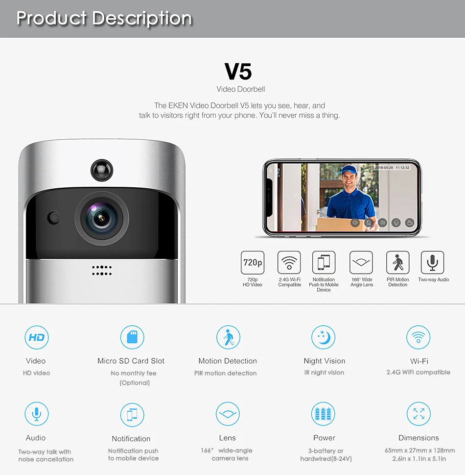EKEN V5 смарт WiFi видео дверной звонок камера визуальный домофон с колокольчиком ночного видения IP дверной звонок беспроводная домашняя камера безопасности