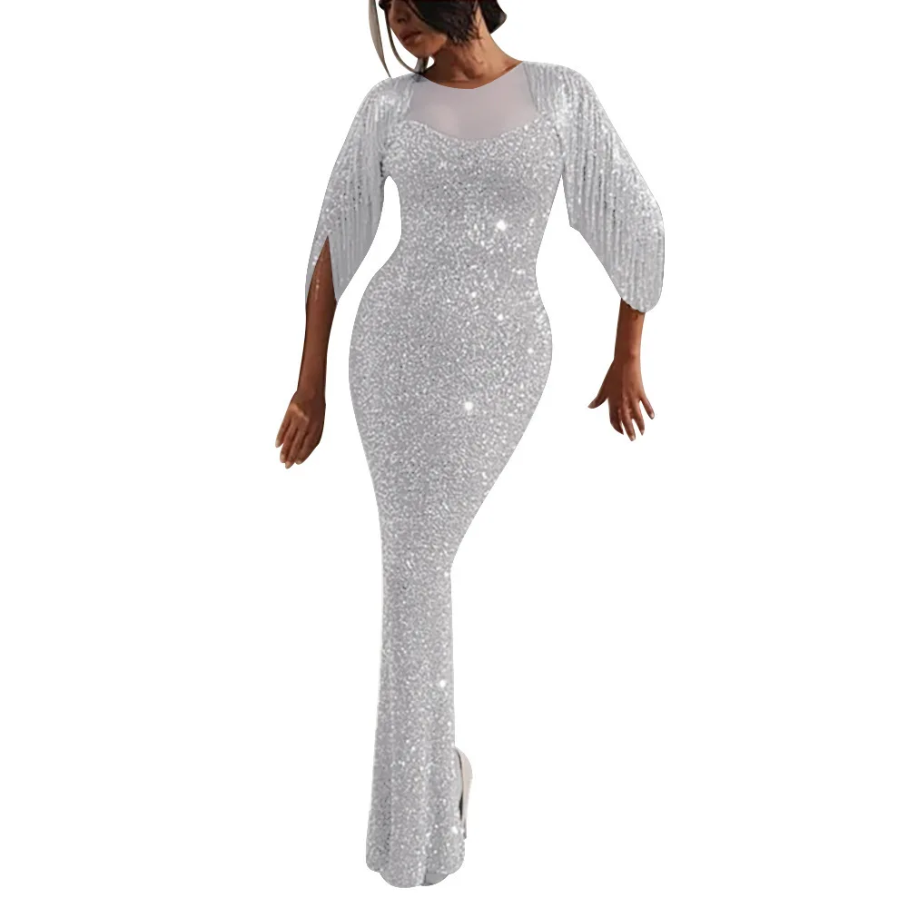 

Sexy Dresses Woman Party Night Stitching Tassel Blingbling Slim-fit Hip Mermaid Dresses Split Split Women's Dress FL28