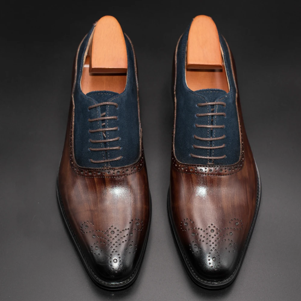 Мужские туфли броги ручной работы кожаные с круглым носком для офиса и