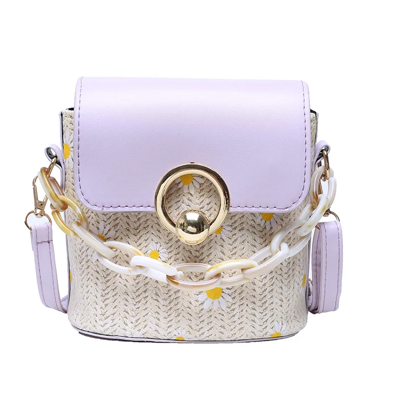 

Summer new tide ins net red woven bucket bag embroidered flower chain messenger bag women's bag
