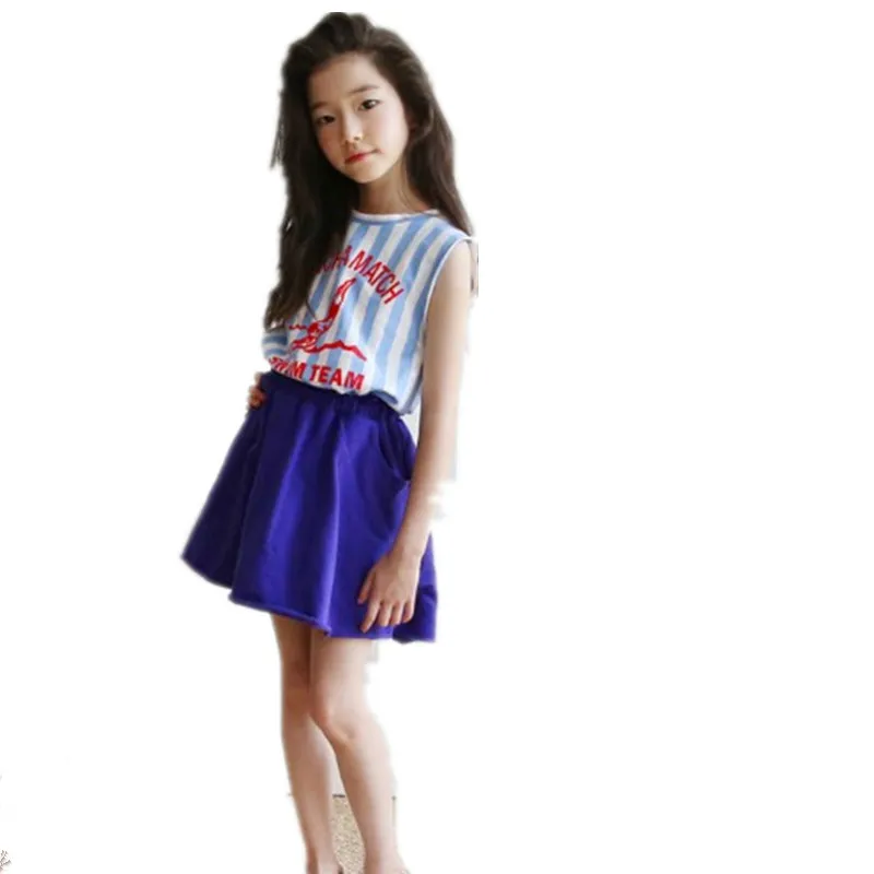 Girls Summer Set Striped Casual Clothing Suit Vest T-shirt + Skirts Children Letter Clothes Family Matching |