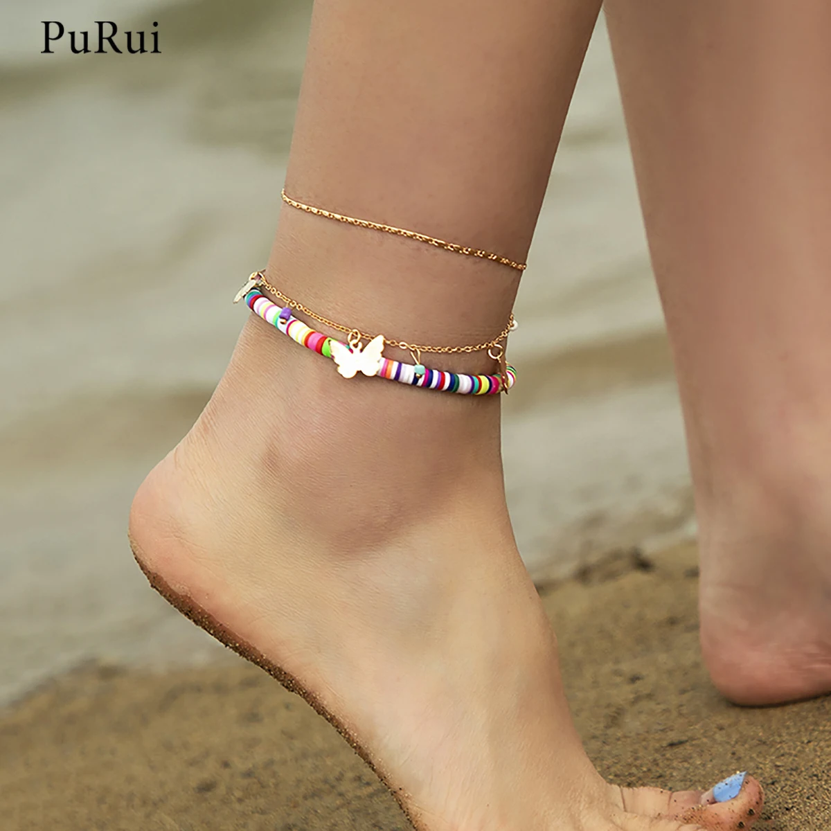 

PuRui Boho Colorful Polymer Clay Anklet Bracelet for Women Fashion Summer Butterfly Ankle Bracelet on the Leg Foot Chain Jewelry