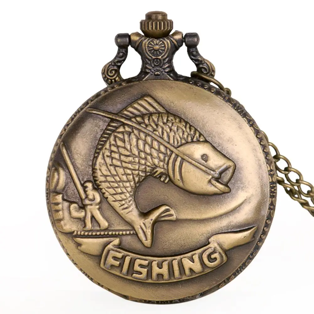 

Bronze Pocket Watches Fishing Fish Pattern Fob Chain Watch Nurse Watch Relogio Masculino Relogio De Bolso