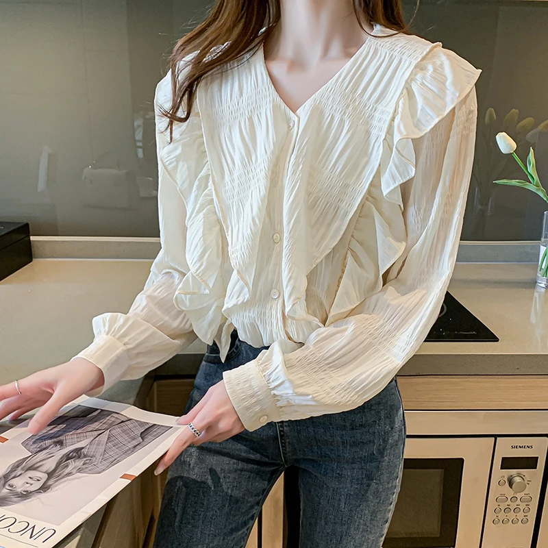 

Women Shirt V Collar Spring New Loose Chiffon Blouse Shirts Long-sleeved Ladies Ruffle Blusas Feminine Chiffon Women Tops 603F