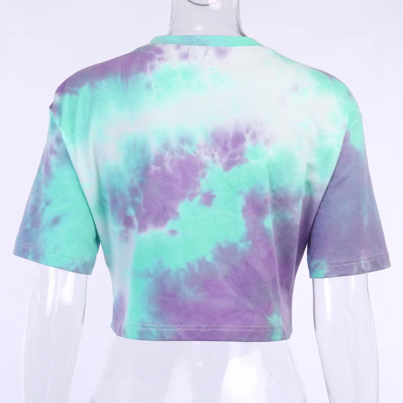 

Women's Tie Dye Print Crop Top Round Neck Short Sleeve Pullover Top Summer Causal Loose Tees Tops E-Girls T-shirt Streetwear