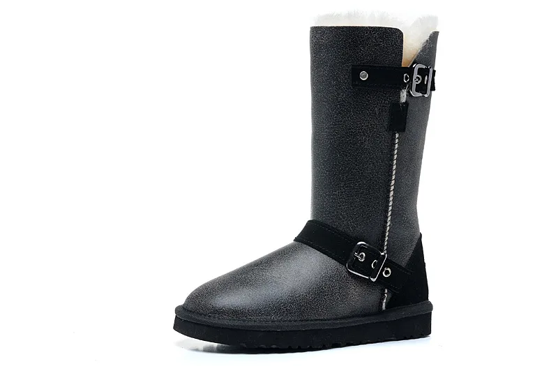 Зимние утепленные сапоги из натуральной кожи меховые модные до колена с пряжкой