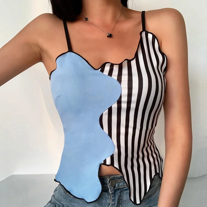 

Contrast Striped Patchwork Fitness Stylish Strap Top Women Club Street Fashion Navel Bare Crop Tops Camisole Irregular Tank Cami