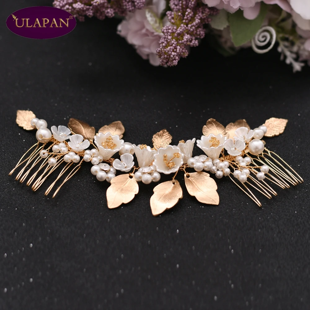 

ULAPAN HP315 Handmade Shell Flower Wedding Hair Accessories Gold Leaf Wedding Hair Chain Hair Comb Pearl Bridal Headband Jewelry