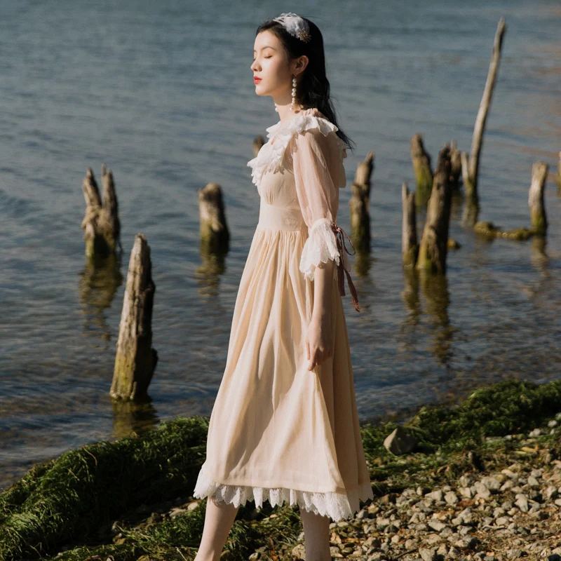 

Cottage Style Mesh Lace Fairy Dress Women Summer Vintage Petal Sleeve Ruffles V-Neck Retro Princess Dresses Faldas Vestidos