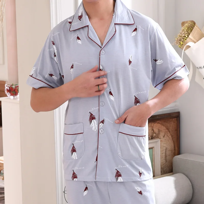Men Cotton Pajamas Set Summer pijama hombre Homewear Sleepwear Short Sleeve Trousers Leisure sexy pajamas for men Big size 3XL