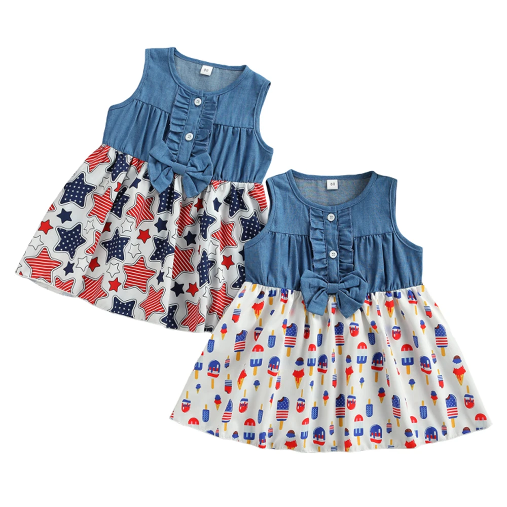 

2021 New 1-6Y Summer Baby Baby Children's Dress Girl Fashion Ice Cream/Star Print Sleeveless O-Neck Ruffle Dress