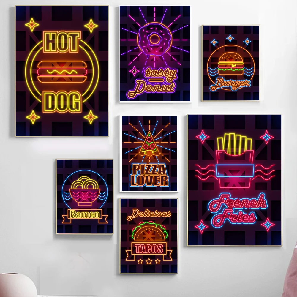 

Delicious Tacos Ramen Neon Sign Poster Art Print Hot Dog Fries Burger Canvas Painting Picture Mural Kids Kitchen Bar Home Decor