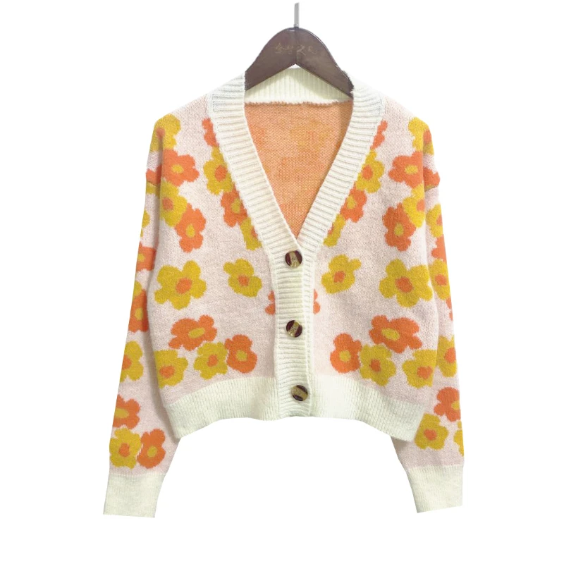 

Cardigan Women Autumn Winter V-neck Knitted Cardigans Long-sleeved Loose Flower Sweaters Knit Rebeca Punto Mujer Top