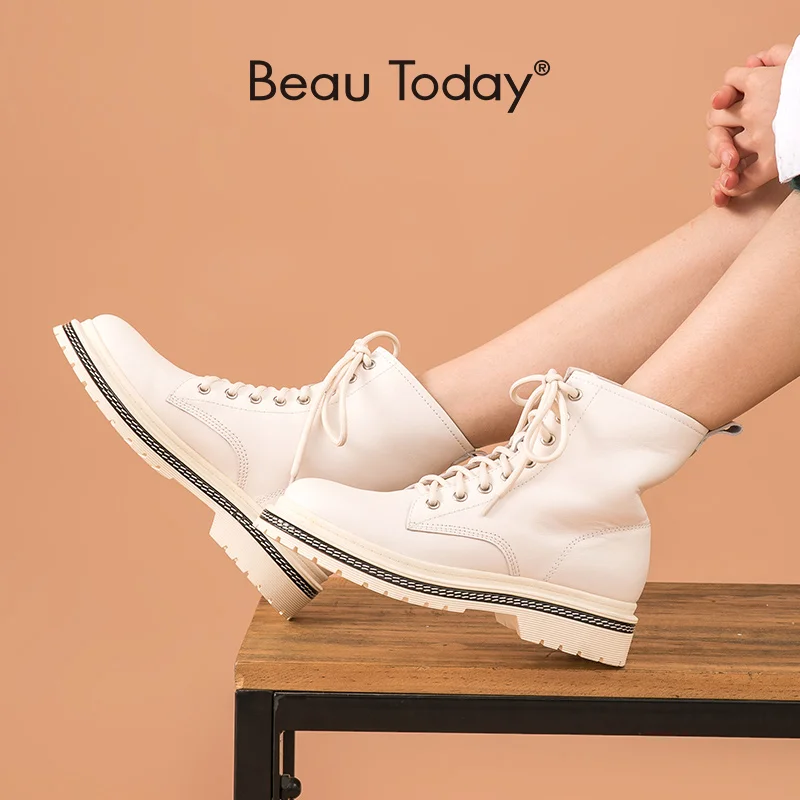 BeauToday Ankle Boots Women Genuine Cow Leather Lace-Up Fashion Platform Double Sewing Winter Ladies White Shoes Handmade 02307 | Обувь