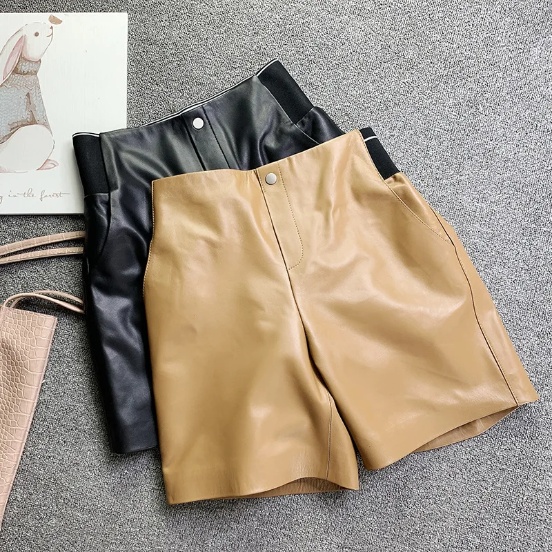 2021 Spring Fashion women's Genuine leather Wide-leg pants Hot Fashion Elastic wasit leather fifth pants C630