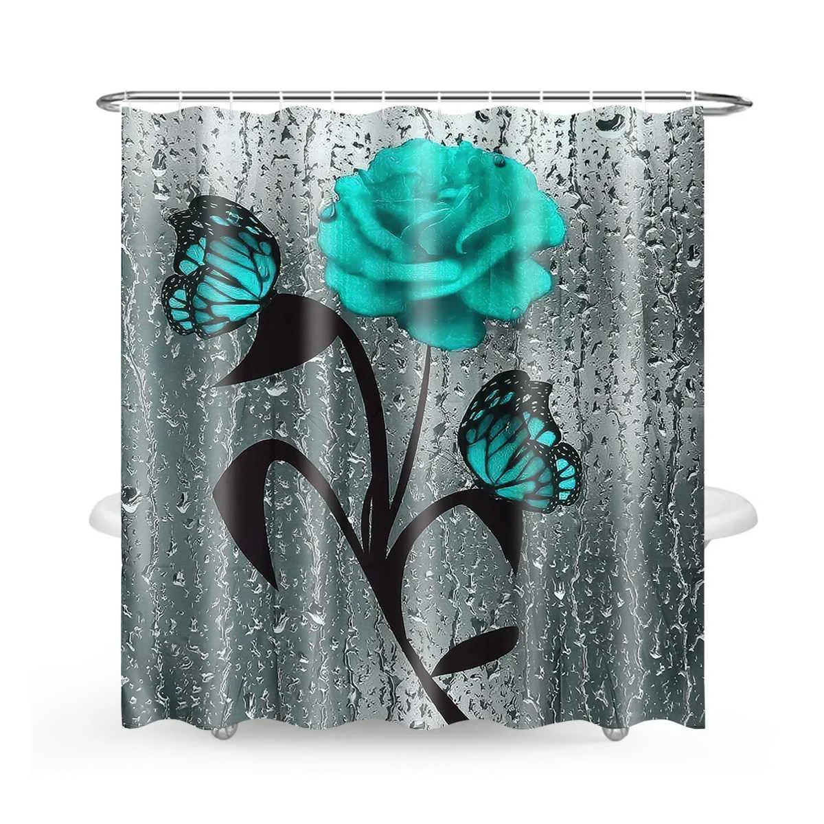 

Green Butterfly Flower Pattern Waterproof Shower Curtain Bath Carpet Cover Toilet Cover Bath Mat Rug Set Bathroom Door Curtain