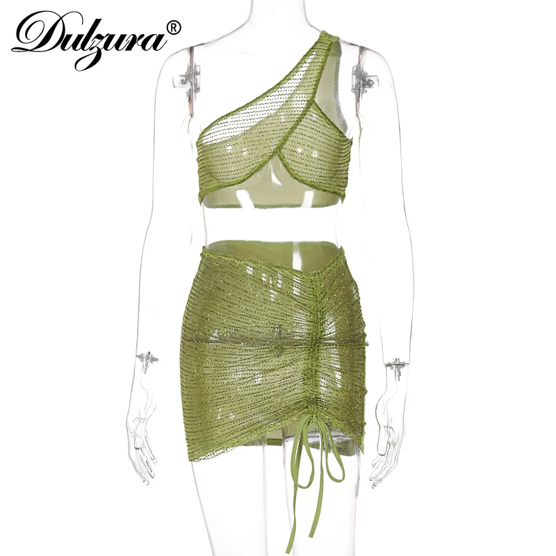 

Dulzura 2021 Summer Ladies Bandage Tie Women Crop Tank Top Bodycon Slim Mini Skirts Sleeveless 2 Pieces Sets