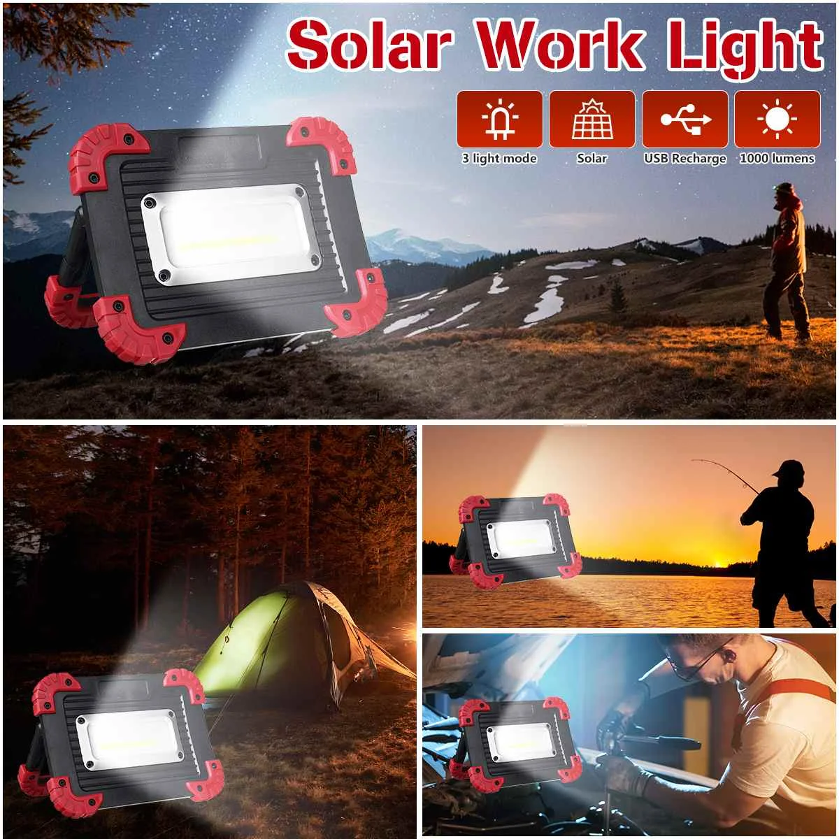 

Portable Spotlight COB Led Solar Work Light USB Rechargeable Flashlight Outdoor Travel Lamp For Camping Lantern Use 18650Battery