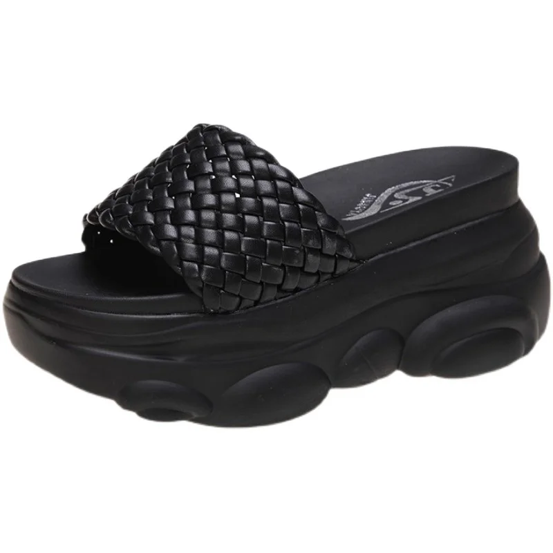 

Shoes Slippers Soft Platform Women Heels Shallow Pantofle Slides Fashion Comfort Rubber Flat Summer High 2021 Luxury PU Casual C