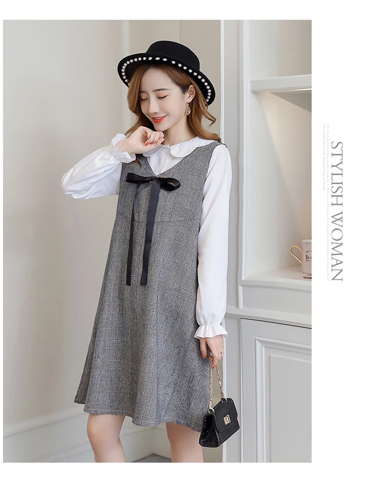 6596# 2PCS/Set Autumn Korean Fashion Maternity Dress Sweet Lovely Straight Loose Clothes for Pregnant Women Fall Pregnancy