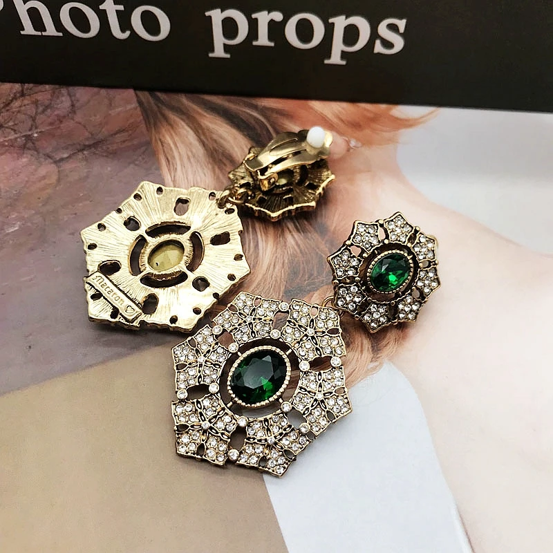 

Vintage Retro Earrings Crystal Green Stones Luxury Gorgeous Statement Pendant Femme Bridal Jewelry