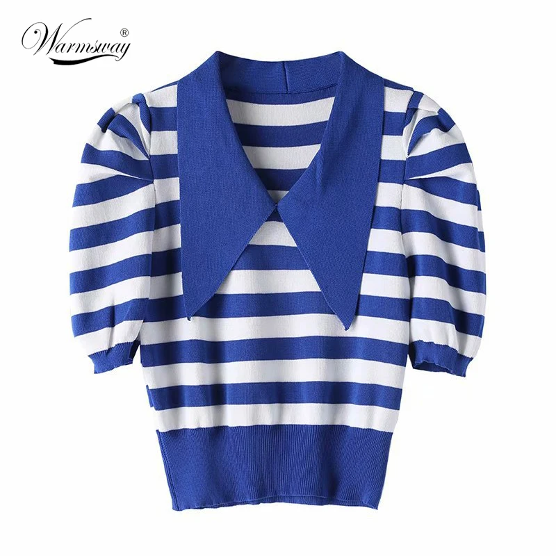 

Футболка женская с отложным воротником, винтажная приталенная, с пышными рукавами, повседневный трикотажный топ в полоску, корейский B-054, на...